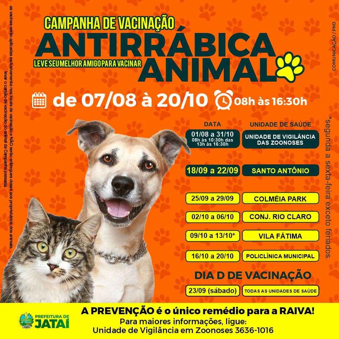 Confira o cronograma de vacinação antirrábica das próximas semanas (26 a 29  de setembro) e proteja seu bichinho