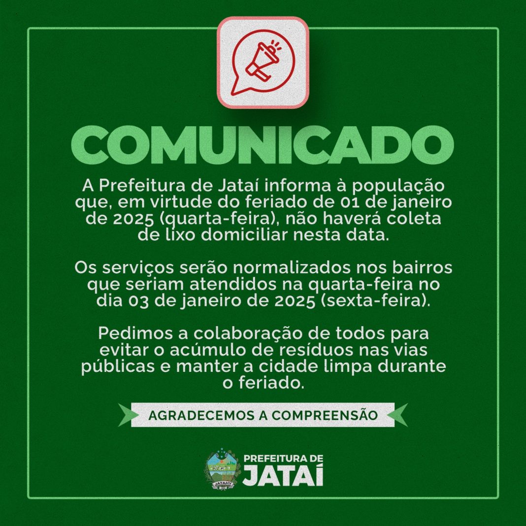Comunicado – Coleta de lixo domiciliar | Prefeitura de Jataí